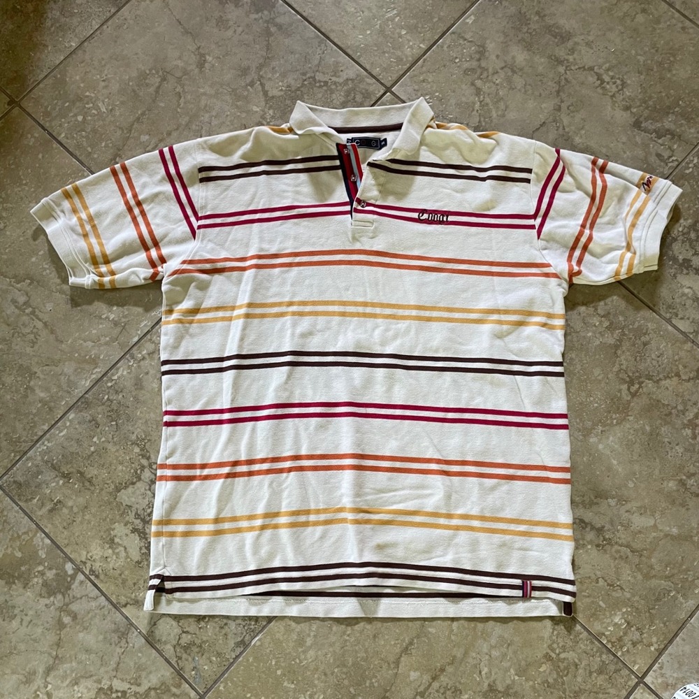 Coogi Mens XXL Polo‎ Shirt Short Sleeve Striped White Red Orange Brown Pique